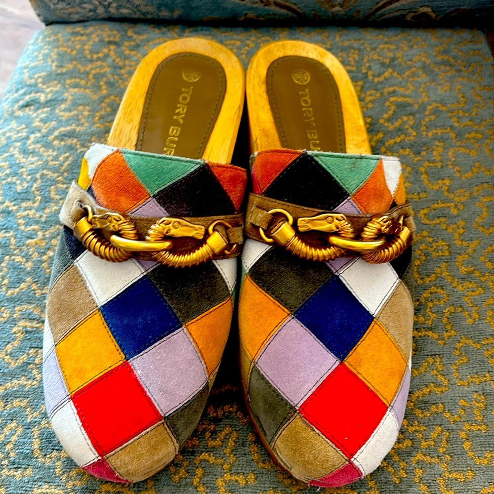 Tory Burch suede clogs, multi colored quilted with gold snakes, collectors item